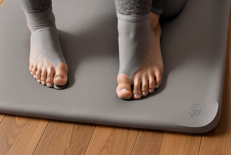 Nahaufnahme der Füße auf der Pilates-Matte im Wohnzimmer bei einer Übung für mehr Beckenstabilität und Rückengesundheit im Büroalltag