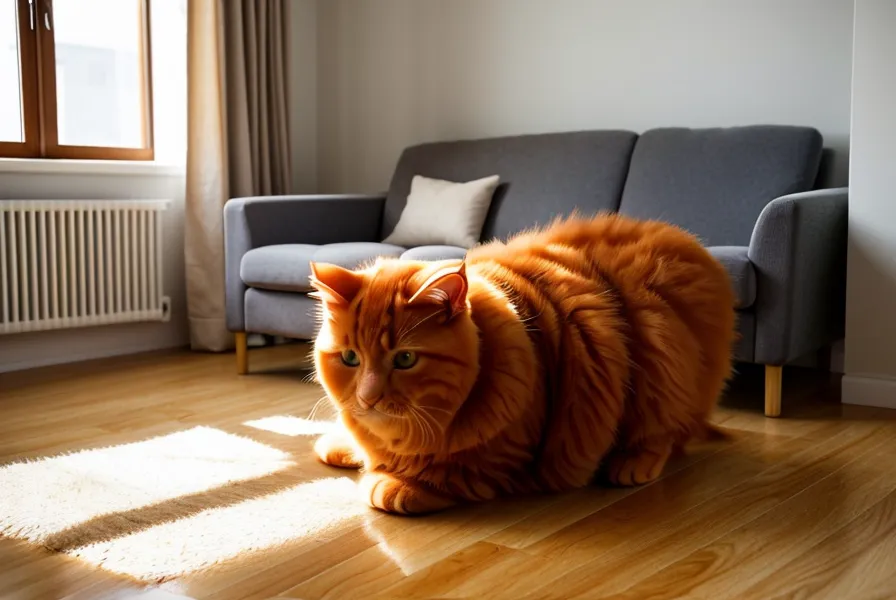 Katze beobachtet das Pilates-Training einer Schreibtischtäterin auf der Matte im Wohnzimmer.
