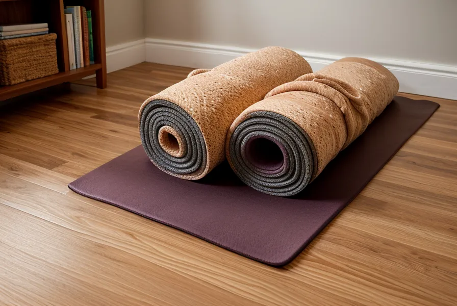 Schreibtisch mit Monitor neben zusammengerollter Pilates-Matte als Symbol für Bildschirmarbeit und Rückengesundheit