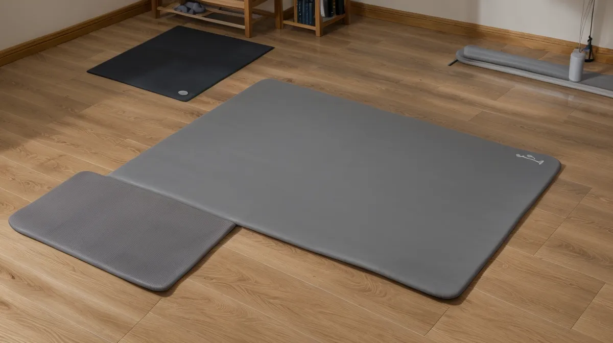 Frau macht Pilates-Übungen für den Rücken im Home Office nach Rückenschmerzen am Schreibtisch