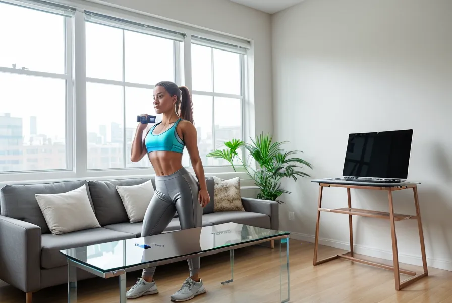 Laptop mit Pilates-Onlinekurs auf dem Couchtisch – Home-Office-Training für den Rücken nach der Arbeit