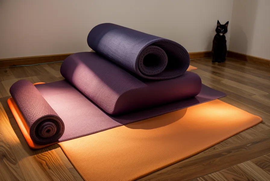 Katze blockiert die Pilates-Matte im Wohnzimmer während des Trainings zuhause