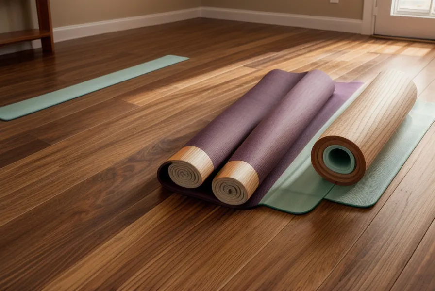 Pilatesmatte und Lavendelspray für Home-Pilates am Abend gegen Rückenschmerzen im Wohnzimmer