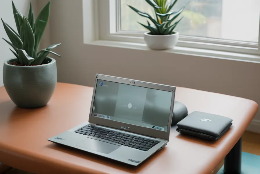 Laptop mit Pilates-Onlinekurs auf dem Couchtisch für Rückenschmerzen lösen im Büro-Alltag