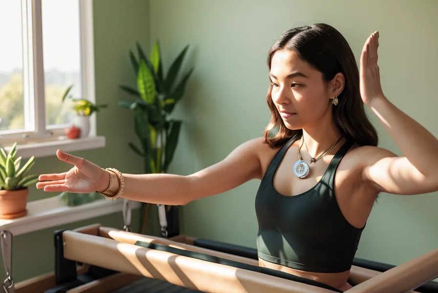 Hand greift nach Pilates-Zubehör im Wohnzimmerregal – Rückengesundheit im Feierabend-Ritual gegen Ischiasschmerzen