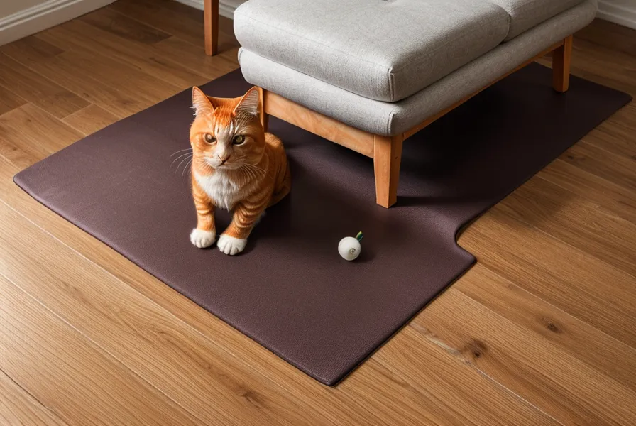 Katze liegt entspannt neben der Pilatesmatte im Wohnzimmer, während abends die Rückenübungen laufen