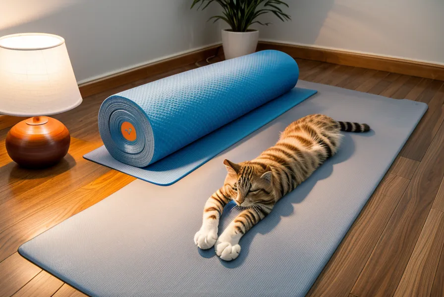Katze sitzt neugierig am Rand der Pilates-Matte während des Rückentrainings zuhause
