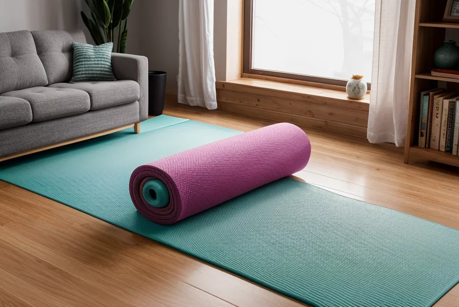Pilates-Matte für den Präventionskurs im Wohnzimmer ausgerollt, draußen regnet es auf die Scheibe