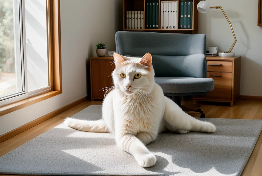 Homeoffice-Arbeitsplatz mit Pilates-Zubehör und einer neugierigen Katze.