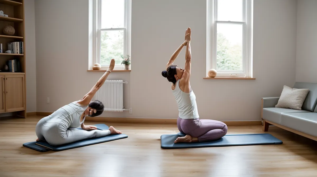 Schultermobilisation und Haltungskorrektur bei Pilates zuhause nach langen Tagen am PC im Büroalltag
