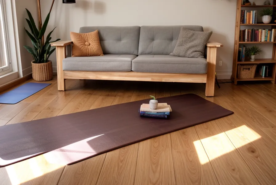 Pilates-Matte im Wohnzimmer bereit fürs Training nach dem Büroalltag zur Haltungskorrektur.