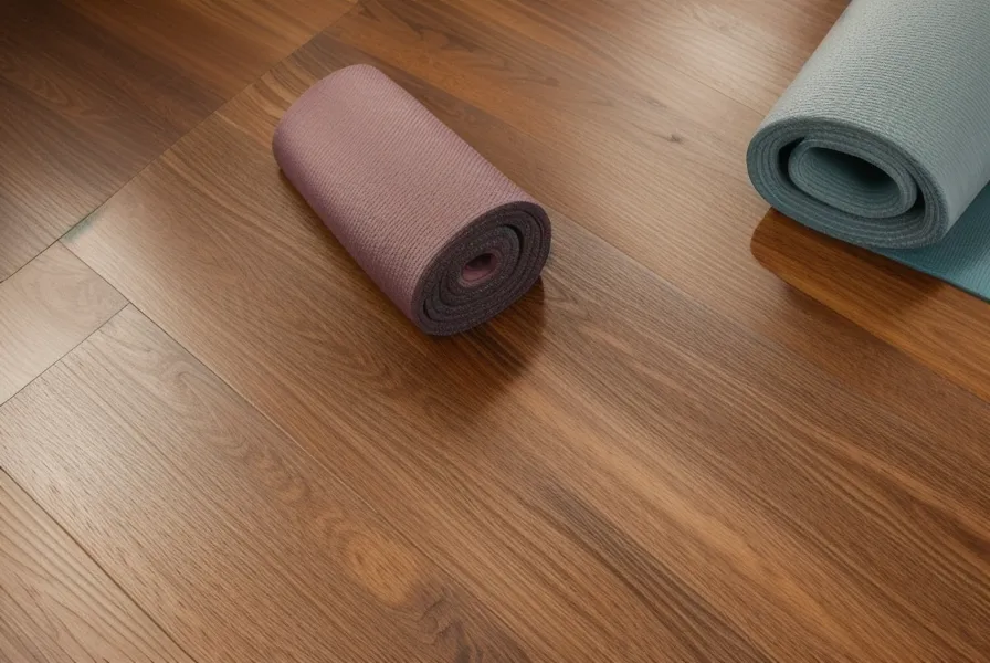 Pilatesmatte für seitliches Bauchmuskeltraining zuhause, Nahaufnahme auf Holzboden