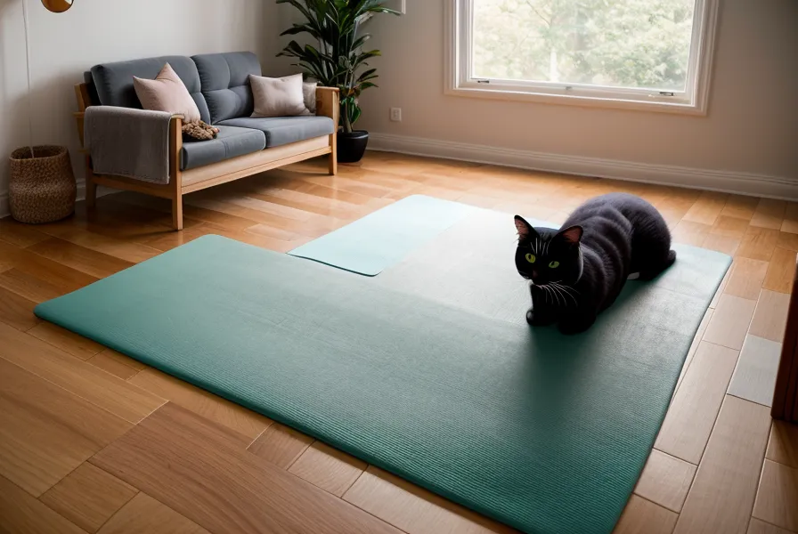 Katze sitzt neugierig neben der Pilates-Matte im Wohnzimmer-Studio beim Training für die Rückengesundheit