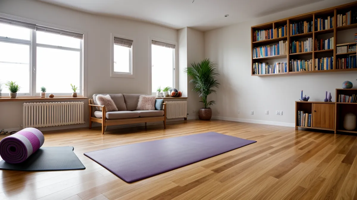 Frau übt Pilates zuhause gegen Hohlkreuz und Rückenschmerzen im Büroalltag