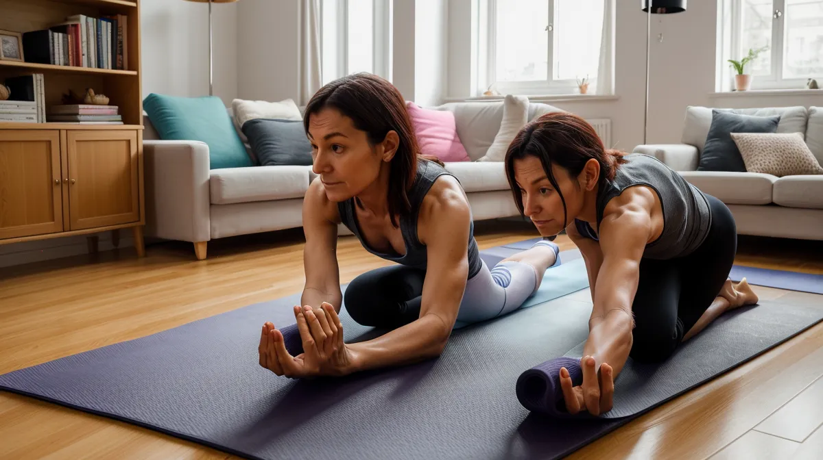 Frau dehnt verkürzte Beinmuskulatur mit einer Pilates-Übung für einen entspannten unteren Rücken