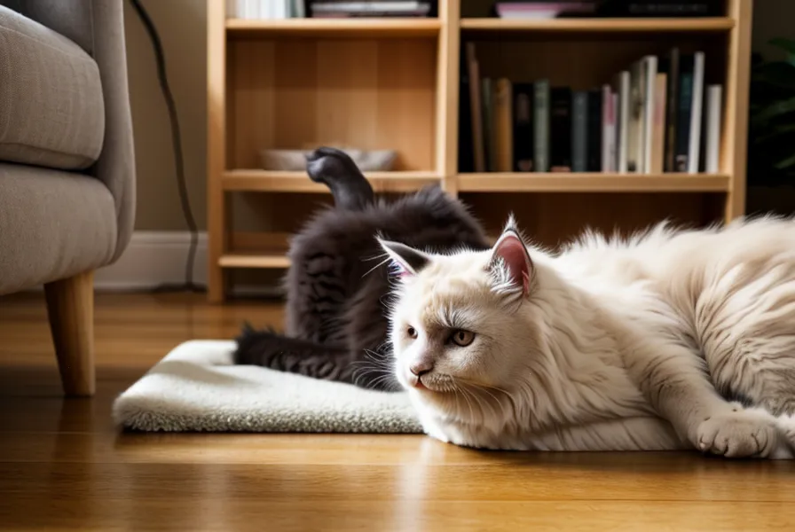 Katze sitzt neugierig neben der Pilatesmatte, während zu Hause die Beindehnung für den unteren Rücken trainiert wird