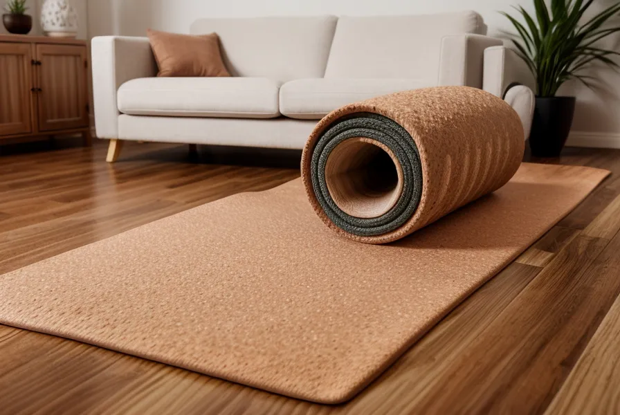 Detailaufnahme einer Pilatesmatte auf Holzboden als Teil der Home-Office-Fitness-Routine für die Rückengesundheit