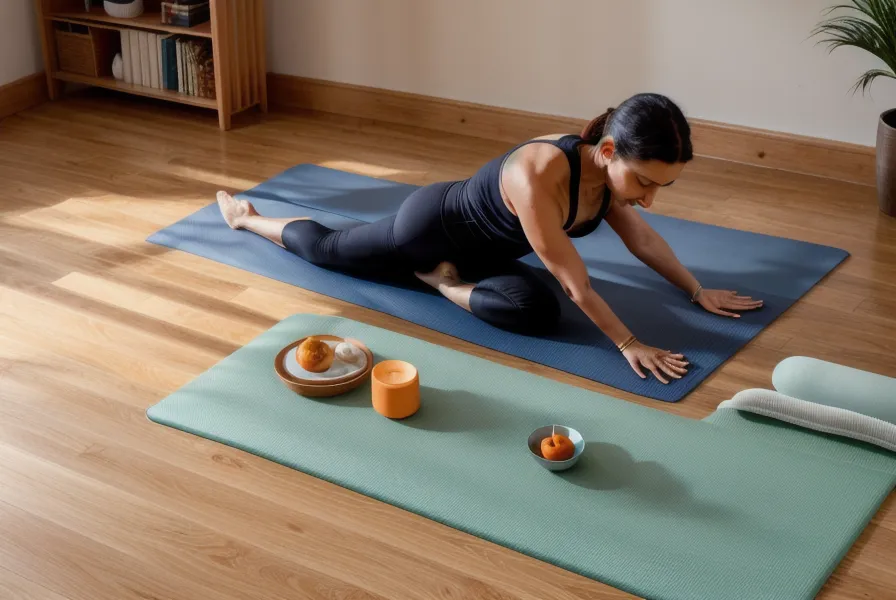 Pilates-Motivation zuhause: Hand greift nach der Matte für die Home-Workout-Routine am Abend