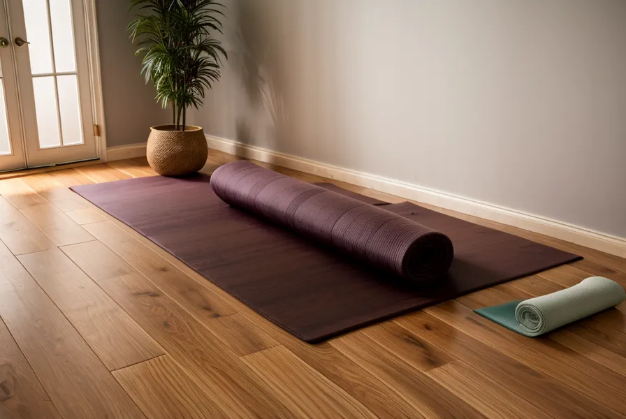 Laptop mit Online-Training für Pilates neben der Matte im Wohnzimmer für die Rücken-Mobilisation